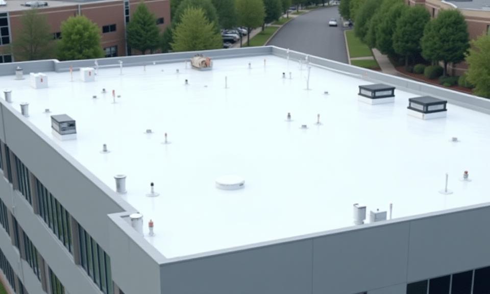 Commercial building with new flat roof system, recently completed