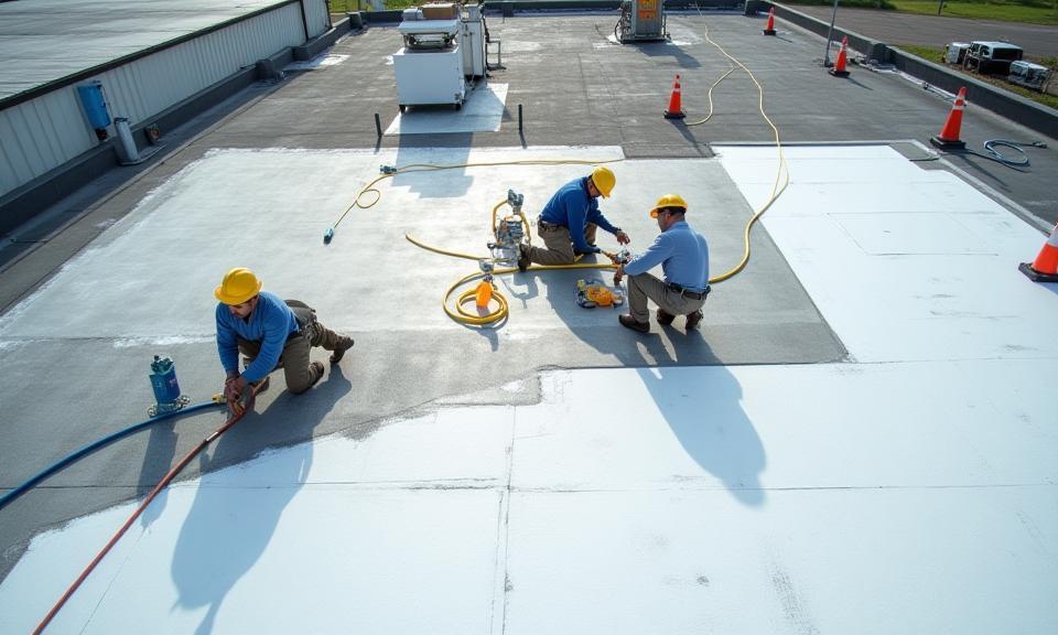 Commercial low-slope roof repair in progress, attention to detail