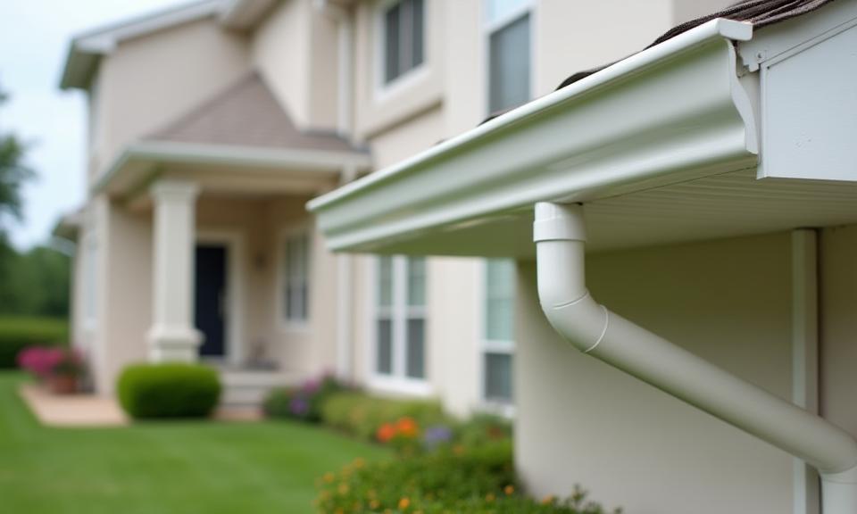 Close-up of newly installed seamless gutter system with proper drainage